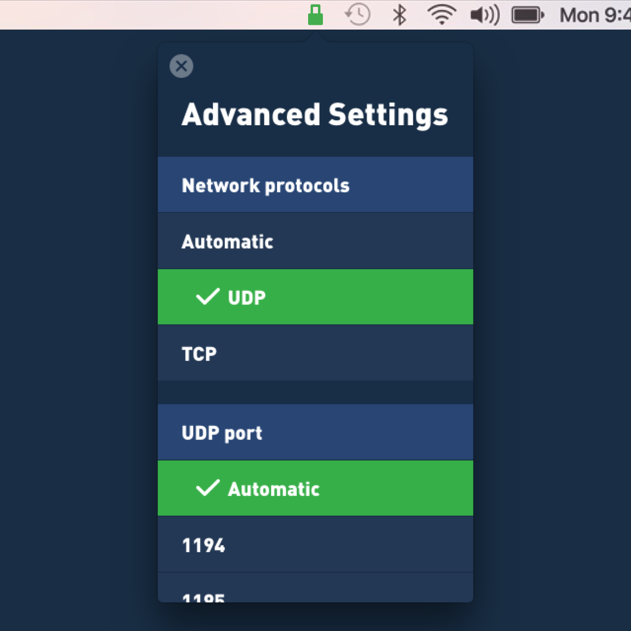 macOS screenshot of the advance settings in Mullvad's new VPN app
