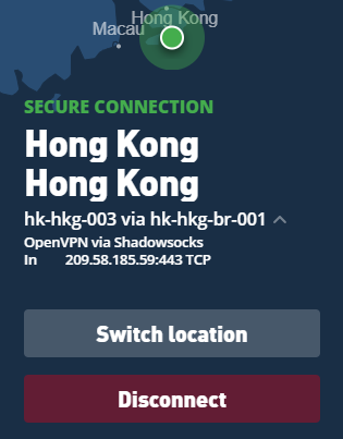Connection screen in the Mullvad VPN app showing details about the user's Shadowsocks connection.