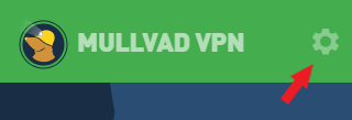 A red arrow pointing to the Settings icon (cogwheel) in the Mullvad VPN app