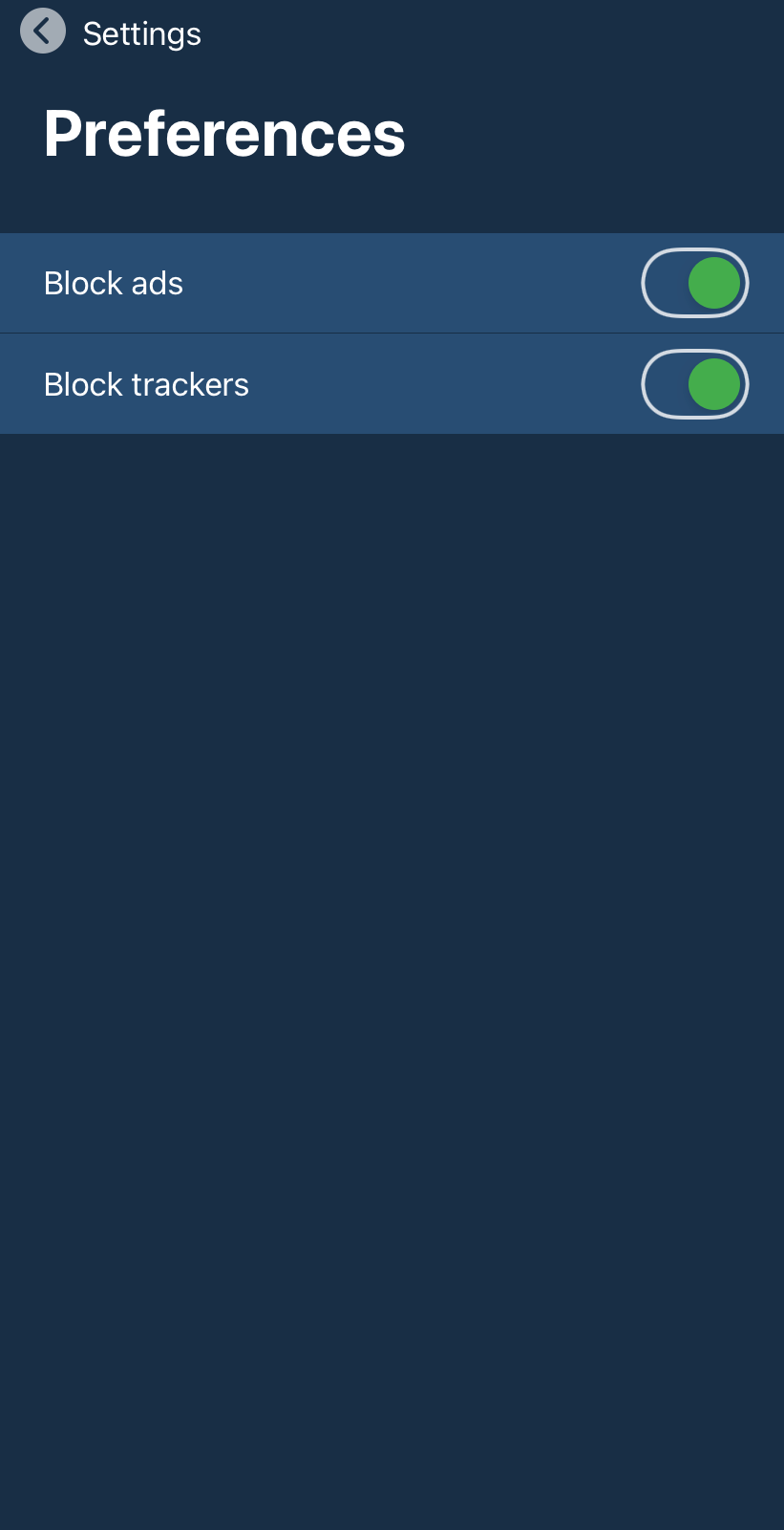Mullvad iOS app Preferences screen showing Settings back button and active toggles for Block ads and Block trackers.