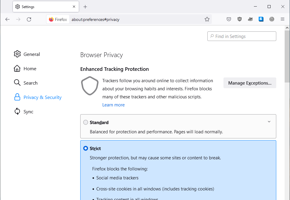 Firefox Privacy & Security settings with Enhanced Tracking Protection set to Strict. Text: Firefox blocks social media trackers and tracking cookies.