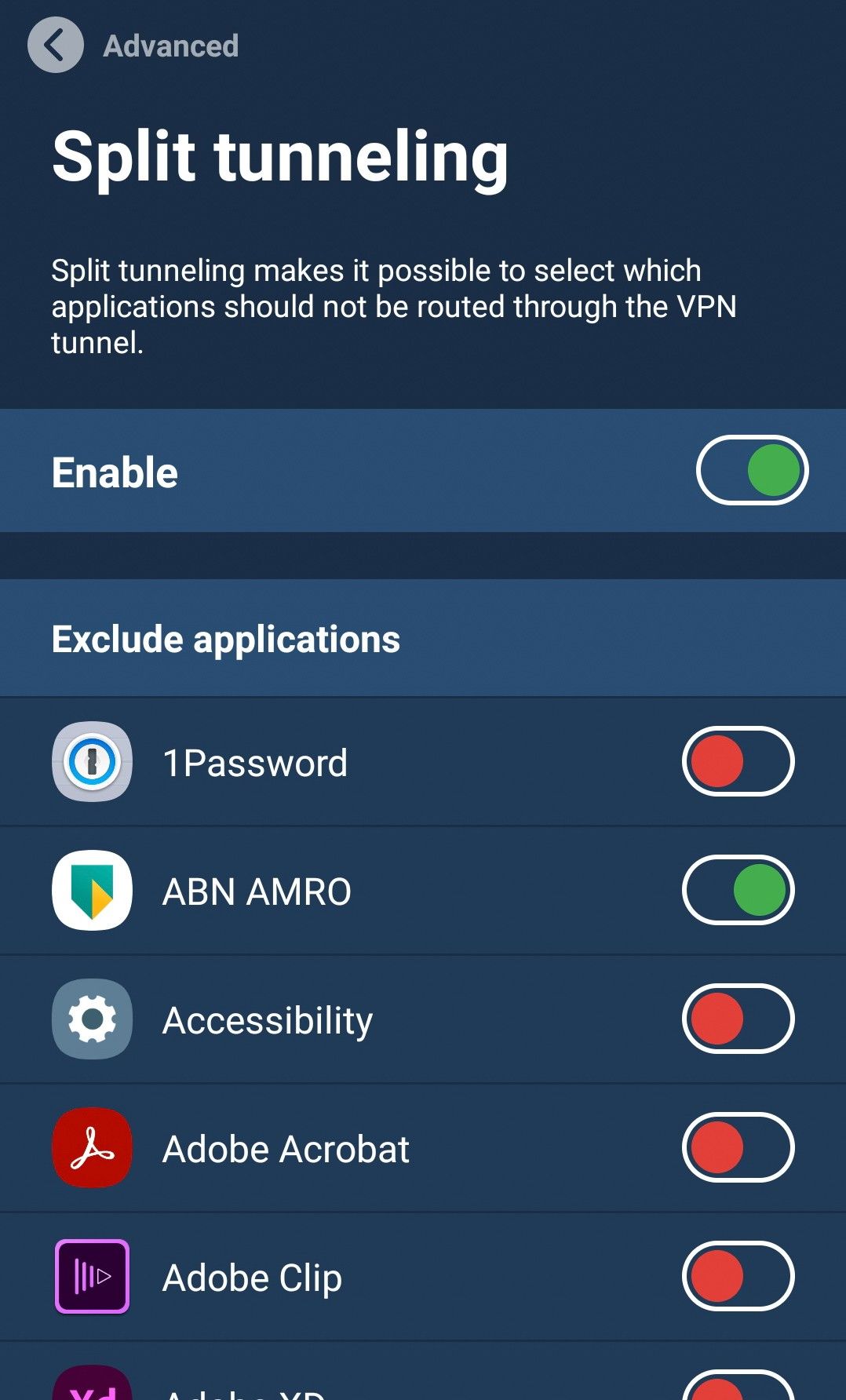 Mullvad VPN app: Split tunneling makes it possible to select which applications should not be routed through the VPN tunnel. Exclude applications.