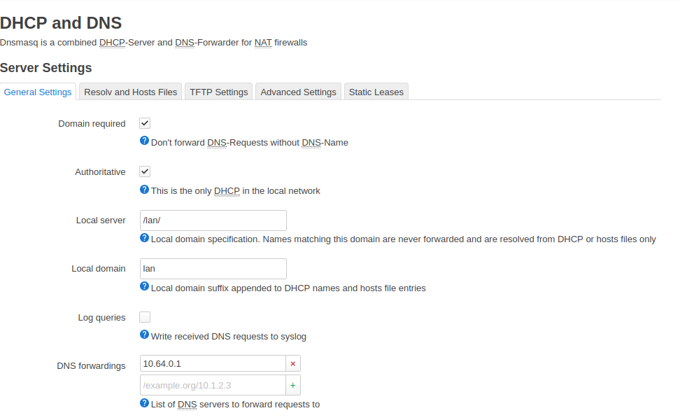 screenshot of LEDE DHCP and DNS settings page