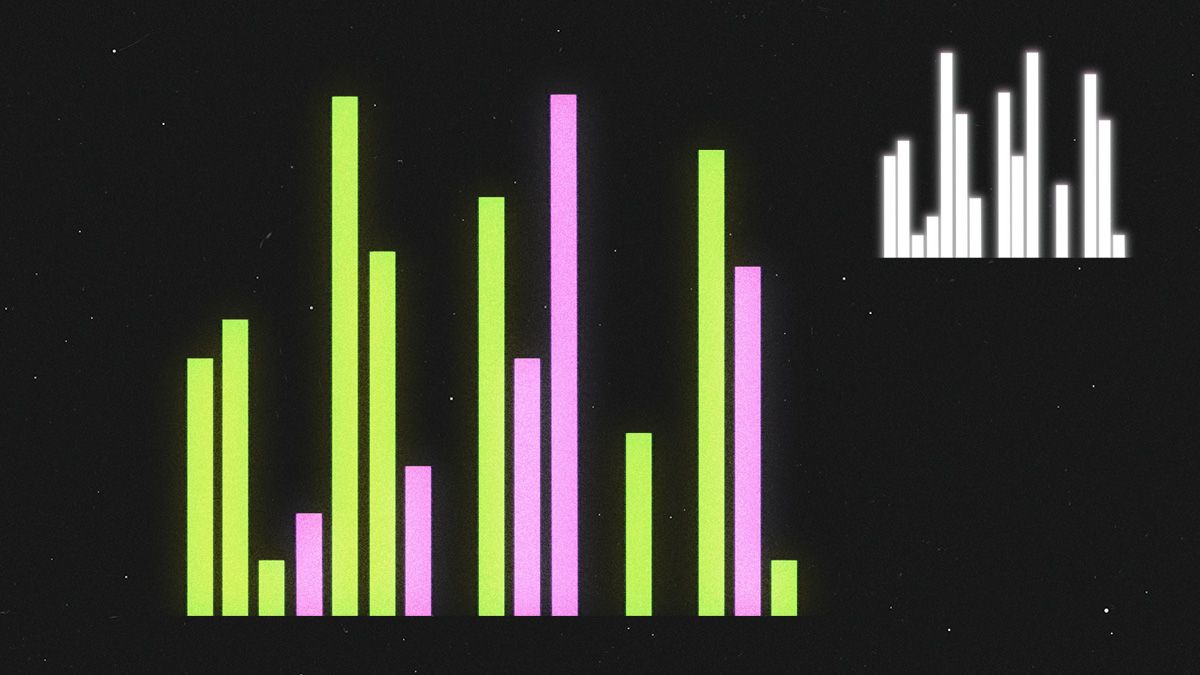 Bar chart with varying neon green and pink vertical bars and a smaller white bar chart inset, illustrating a network traffic pattern.